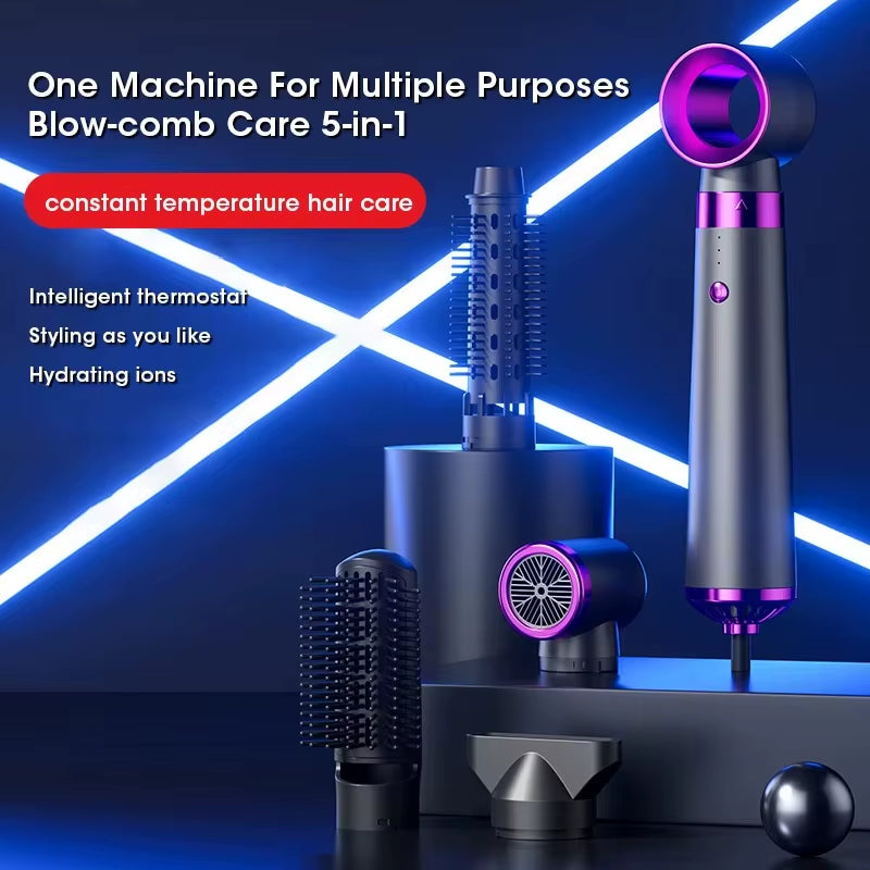 5-in-1 Multifunctional Hair Dryer and Hot Air Comb with Automatic Curling Rod and Straightening Features for Quick Salon-Quality Styling