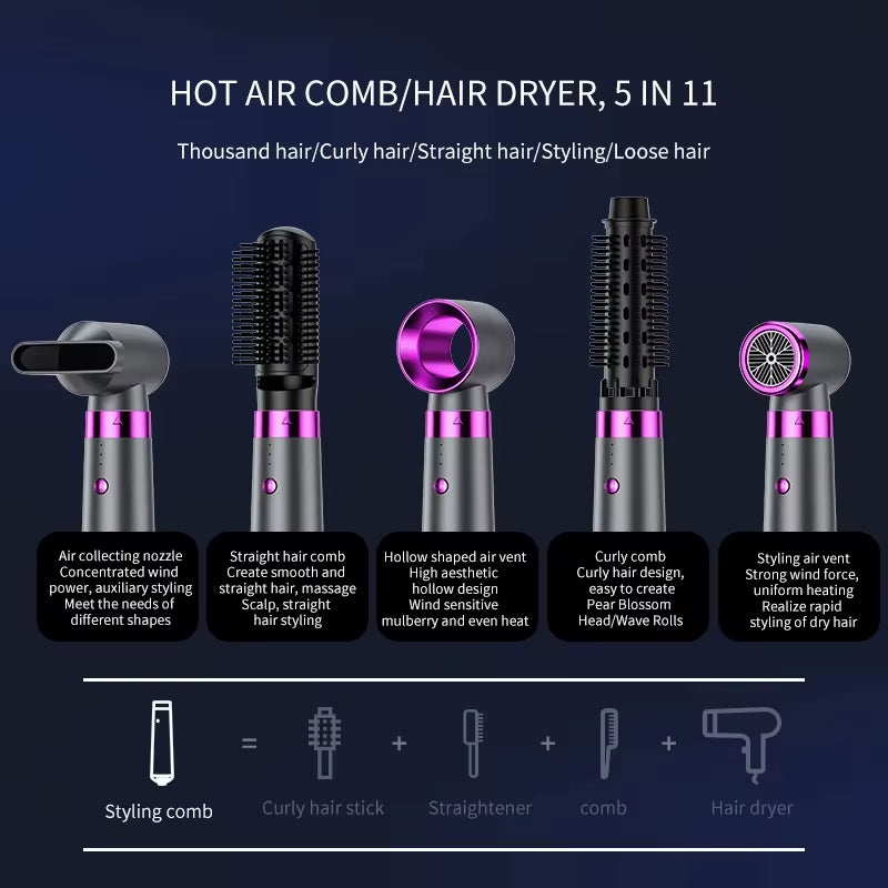 5-in-1 Multifunctional Hair Dryer and Hot Air Comb with Automatic Curling Rod and Straightening Features for Quick Salon-Quality Styling